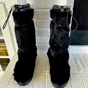 New, Tory Burch Black Fur Boots with Buckles.